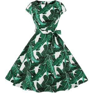 🌴 Pinup Retro 1950s Swing Rockabilly Green Palm Leaves Print Dress SIZE L NEW